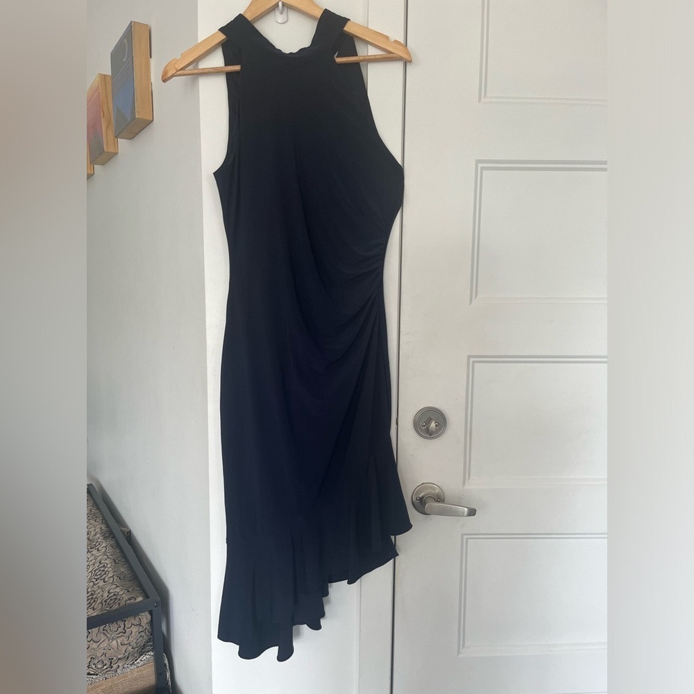#43 Le Chateau navy sleeveless midi dress tie-back neck asymmetric mermaid hem